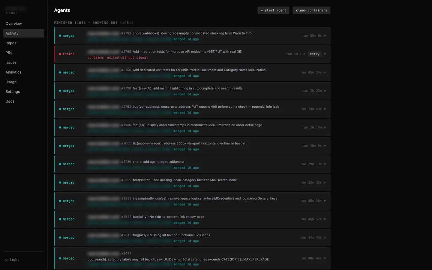 AI-SDLC activity view: per-run timeline across projects